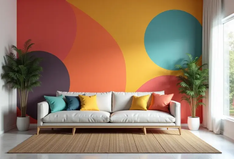 Sala de estar moderna com pintura geométrica vibrante na parede