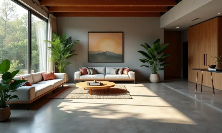 Sala de estar moderna com piso de cimento queimado e decoração brasileira.