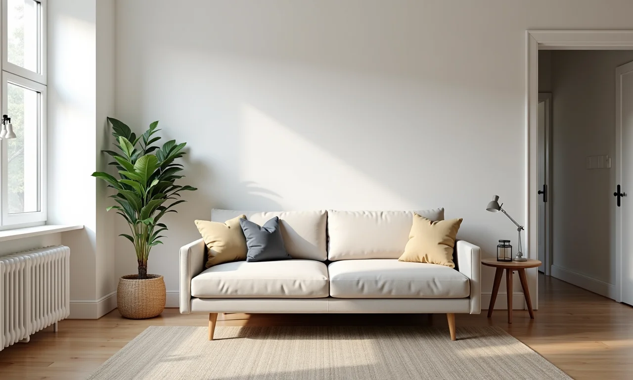 Sala de estar pequena com um sofá-cama que se encaixa perfeitamente no espaço.