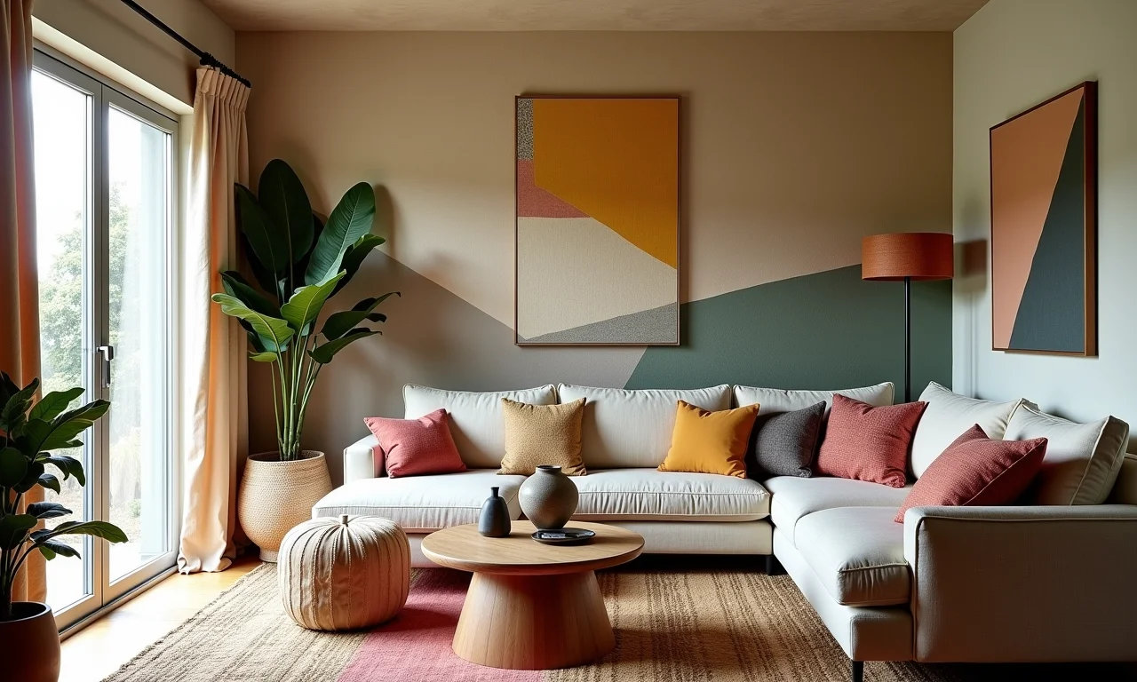 Sala de estar renovada com tecidos coloridos nas paredes e móveis, estilo Farm Rio.