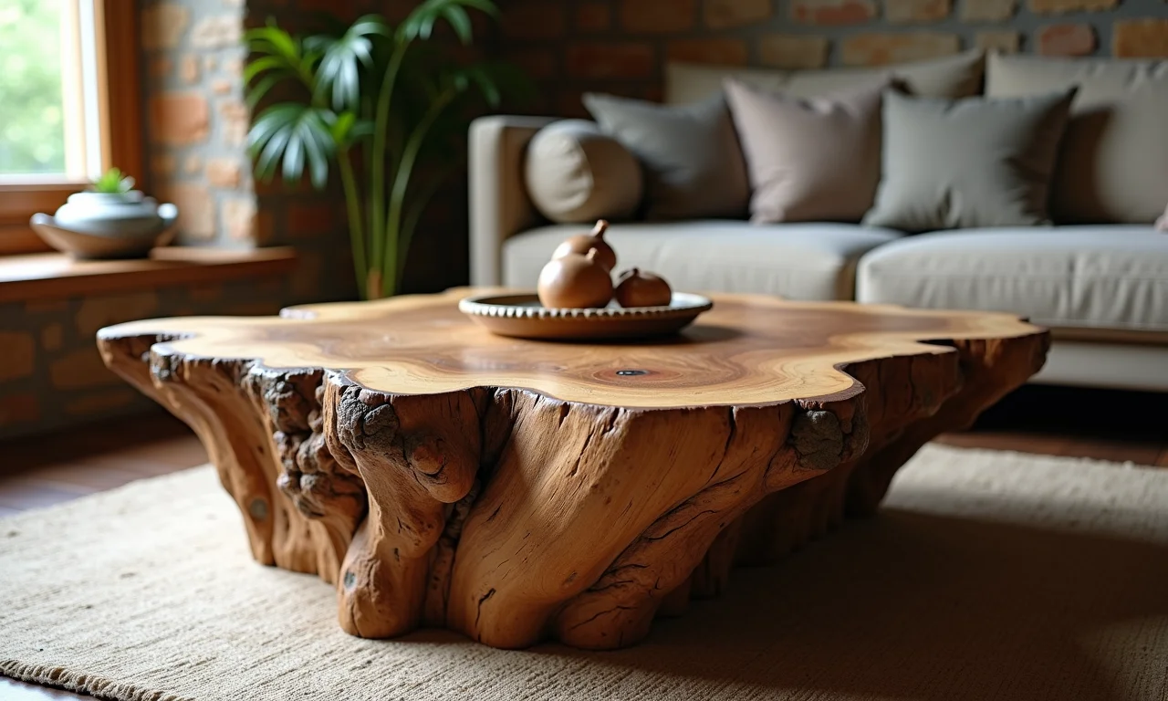 Sala de estar rústica com mesa de centro de madeira reaproveitada e detalhes entalhados à mão.