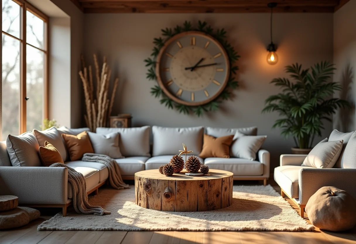 Sala de estar rústica decorada com elementos naturais.