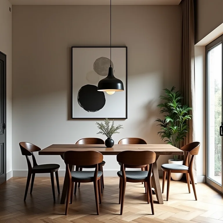 Sala de jantar com cadeiras diferentes e elementos contrastantes, mas em harmonia.