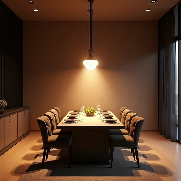 Sala de jantar com iluminação centralizada e direta, causando sombras fortes.