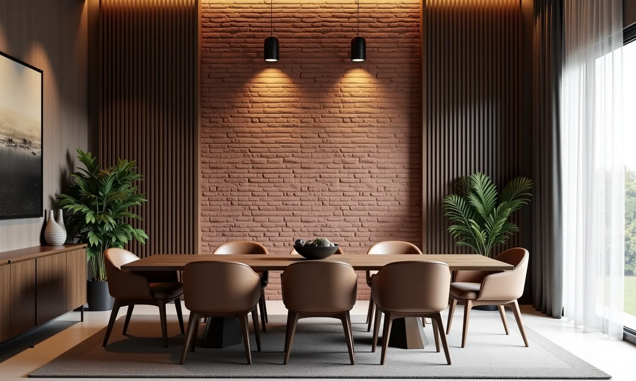 Sala de jantar elegante com painel ripado com acabamento de tijolinho.
