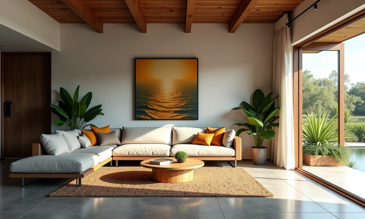 Sala moderna com piso de cimento queimado.