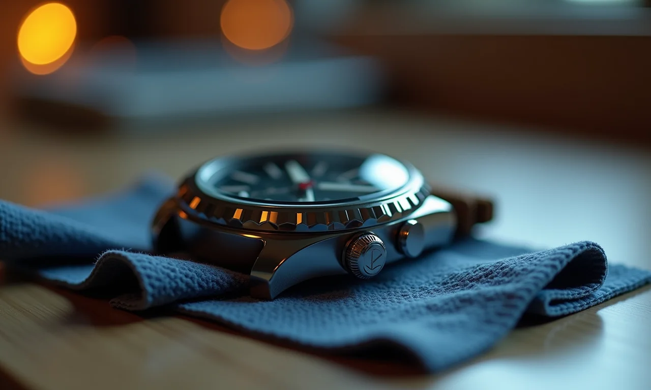 Secagem completa do relógio em pano de microfibra.