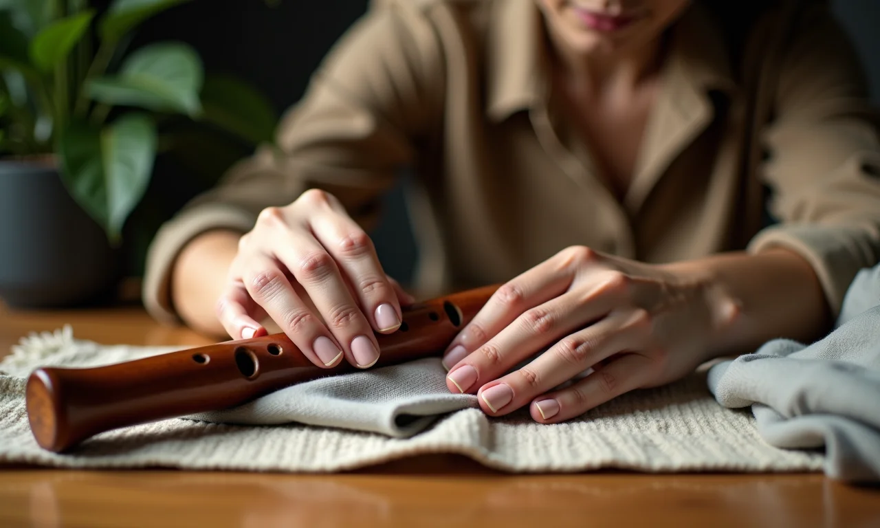 Secando a flauta doce com um pano macio.