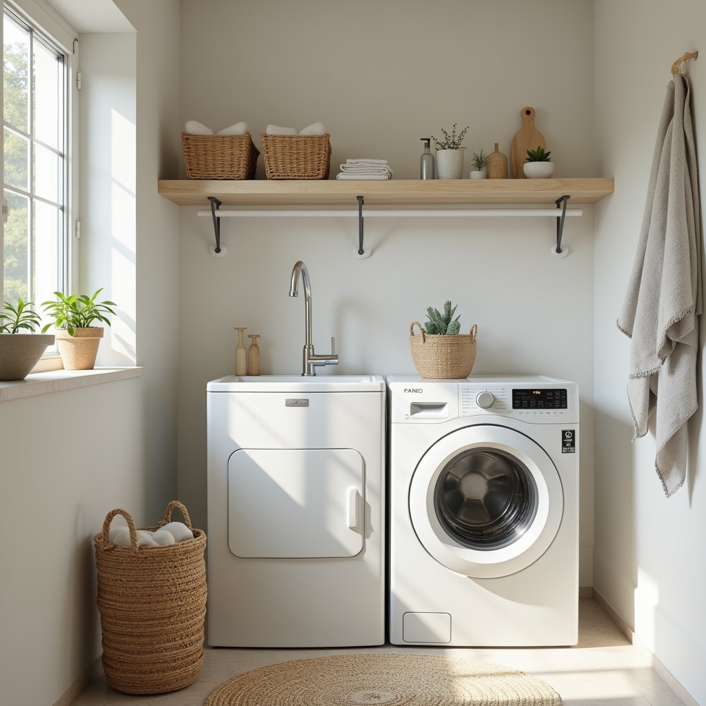 Small laundry room painted in light colors, professional photography, 8K quality, sharp focus, Lavanderia pequena pintada com cores claras.