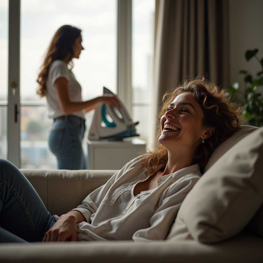 São Paulo apartment, woman relaxing on sofa, smiling, while passadeira irons clothes in Mulher relaxando enquanto passadeira trabalha em SP.