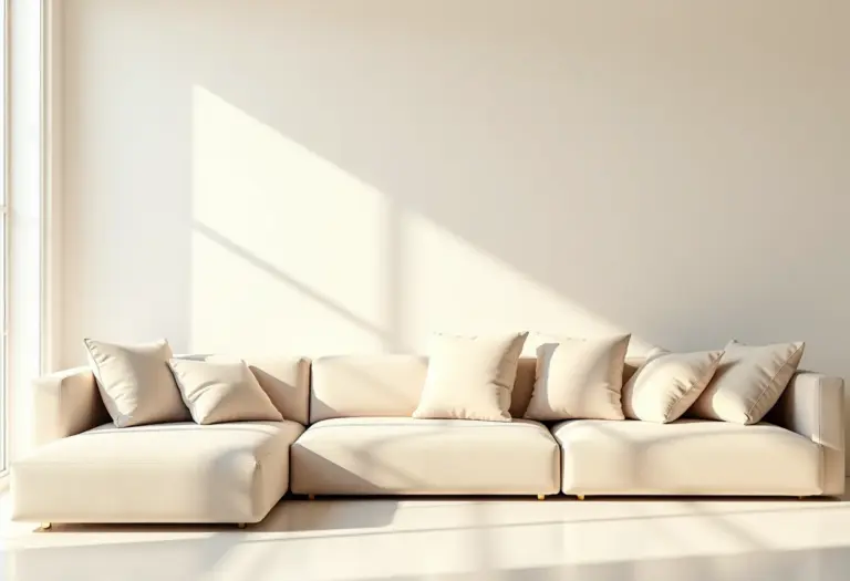 Sofá bege com almofadas organizadas