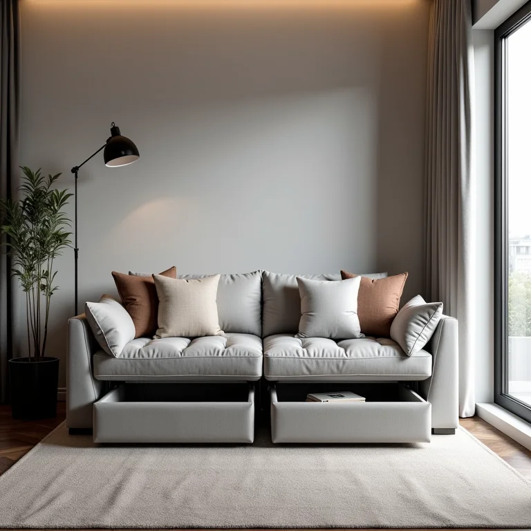 Sofá-cama com baú na sala de estar.