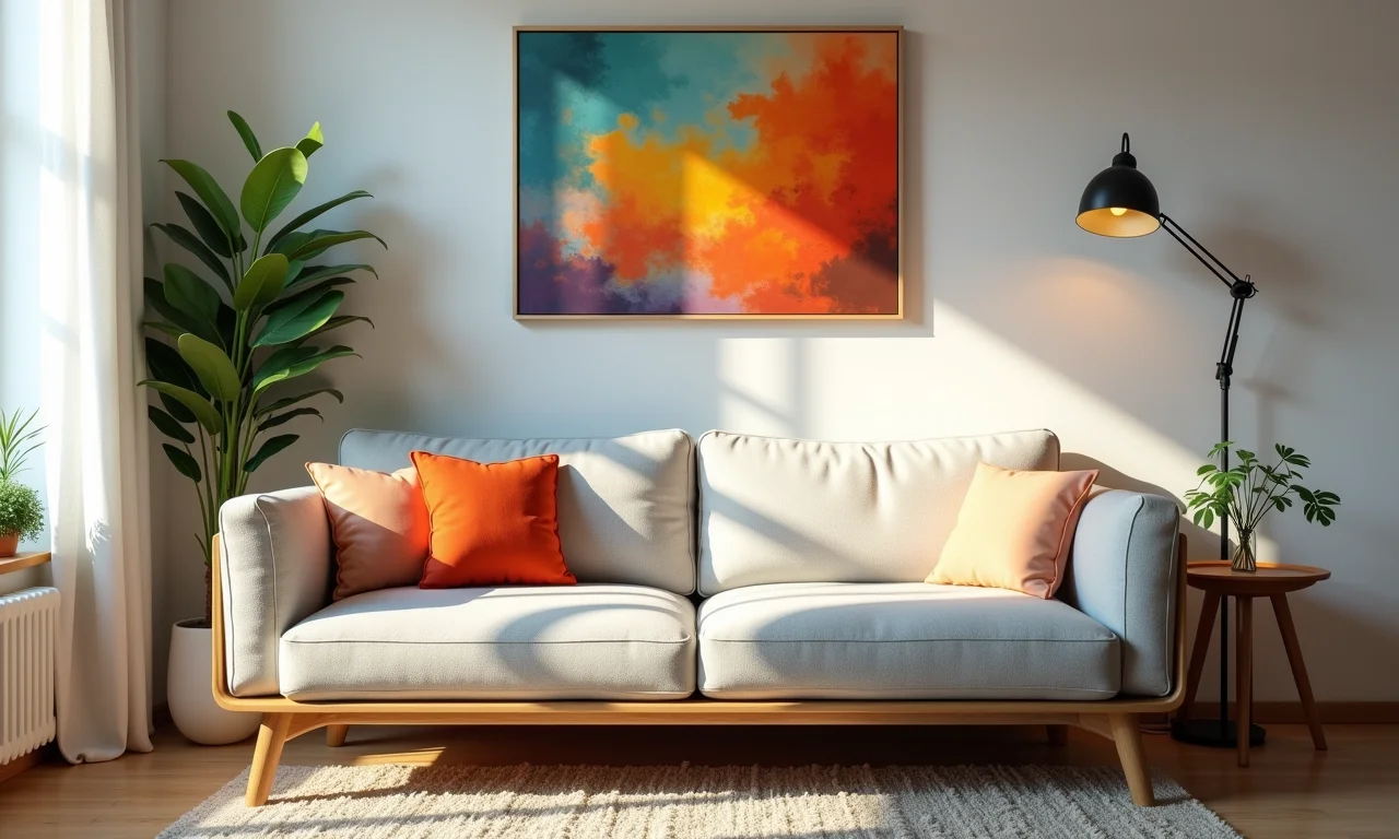 Sofá-cama em apartamento pequeno com planta e pintura colorida. Lembre-se de medir o espaço.