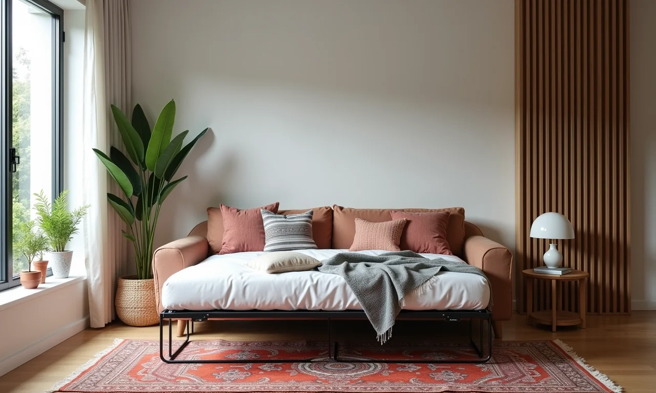 Sofá-cama moderno sendo transformado de sofá para cama em sala de estar.