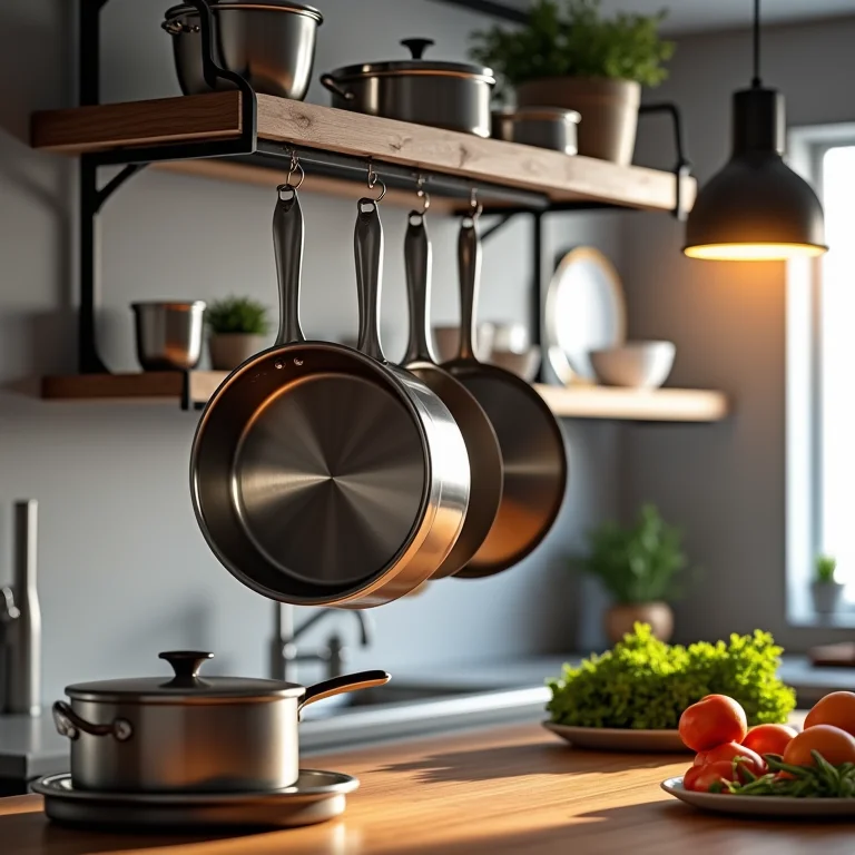 Suporte de parede para panelas em aço inoxidável.