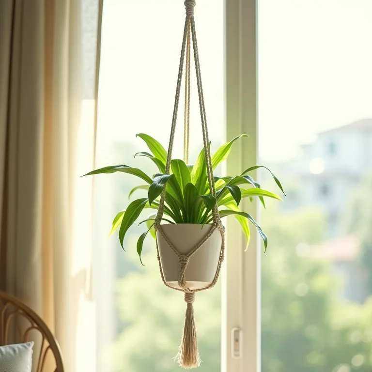 Suporte de planta em macramê com planta pendurada.