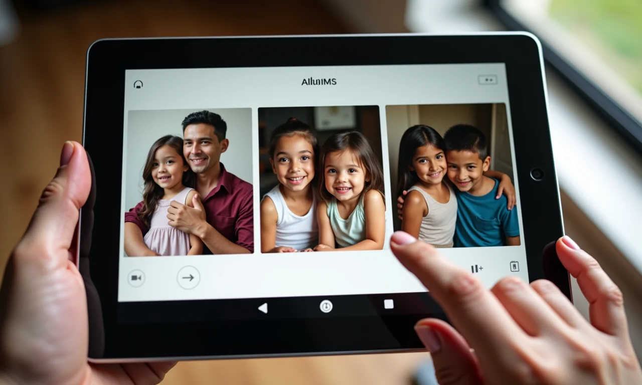 Tablet exibindo álbum de fotos digital com tema: 'Memórias da Infância'.