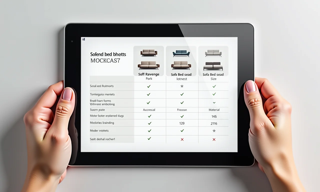 Tablet mostrando uma planilha comparativa de modelos de sofá-cama.