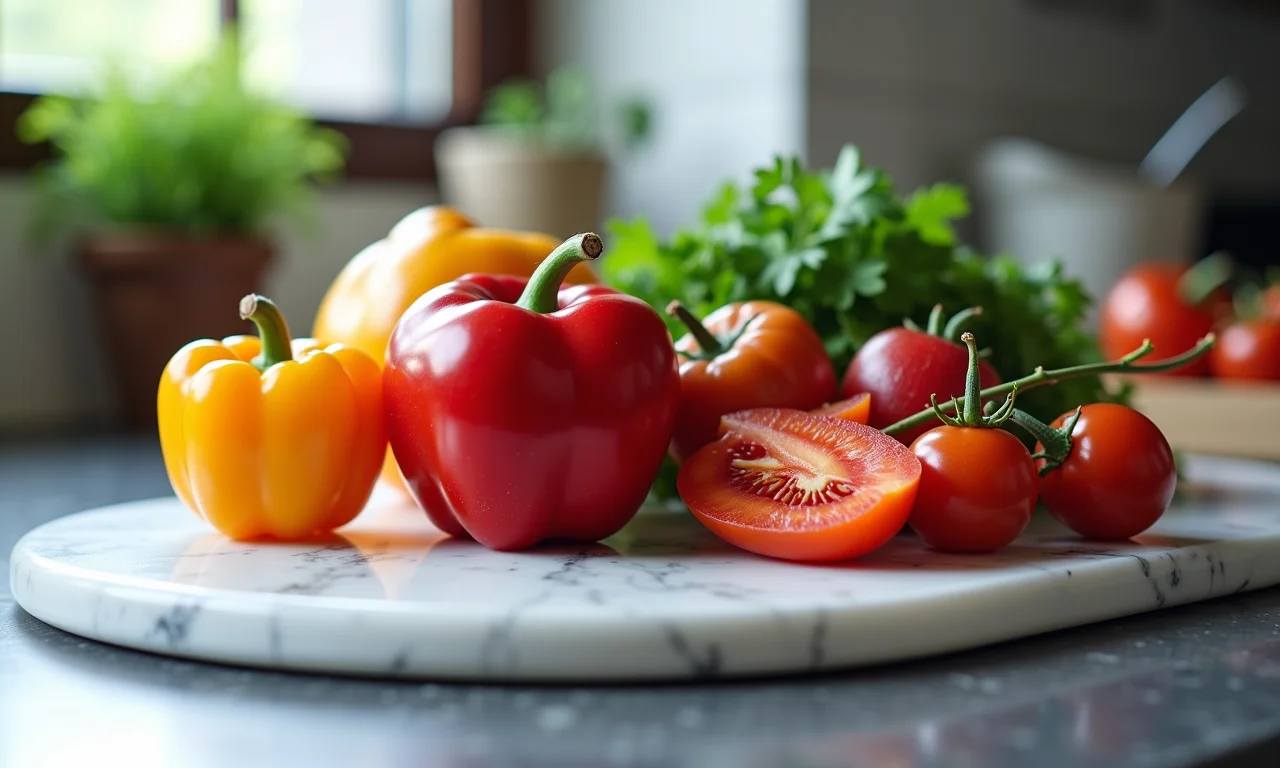Tábua de corte de mármore com frutas e legumes coloridos.