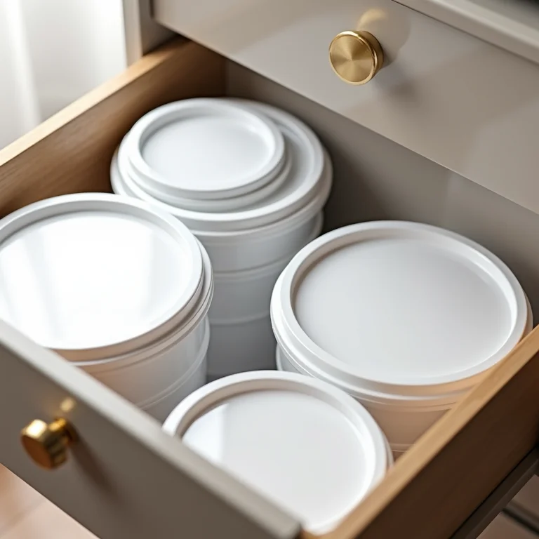 Tampas de potes plásticos organizadas em uma gaveta com divisórias