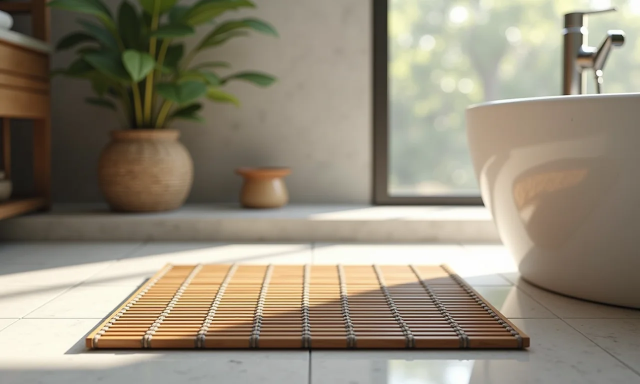 Tapete com base de bambu em banheiro moderno.