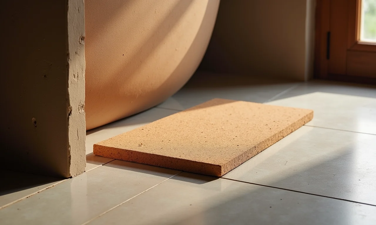 Tapete com base de cortiça em banheiro rústico.