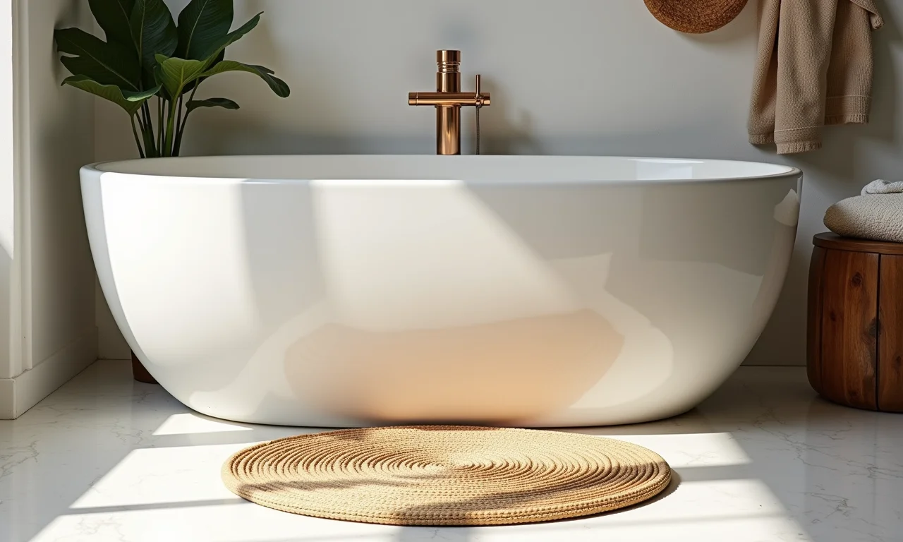 Tapete com base de ráfia em banheiro boêmio.