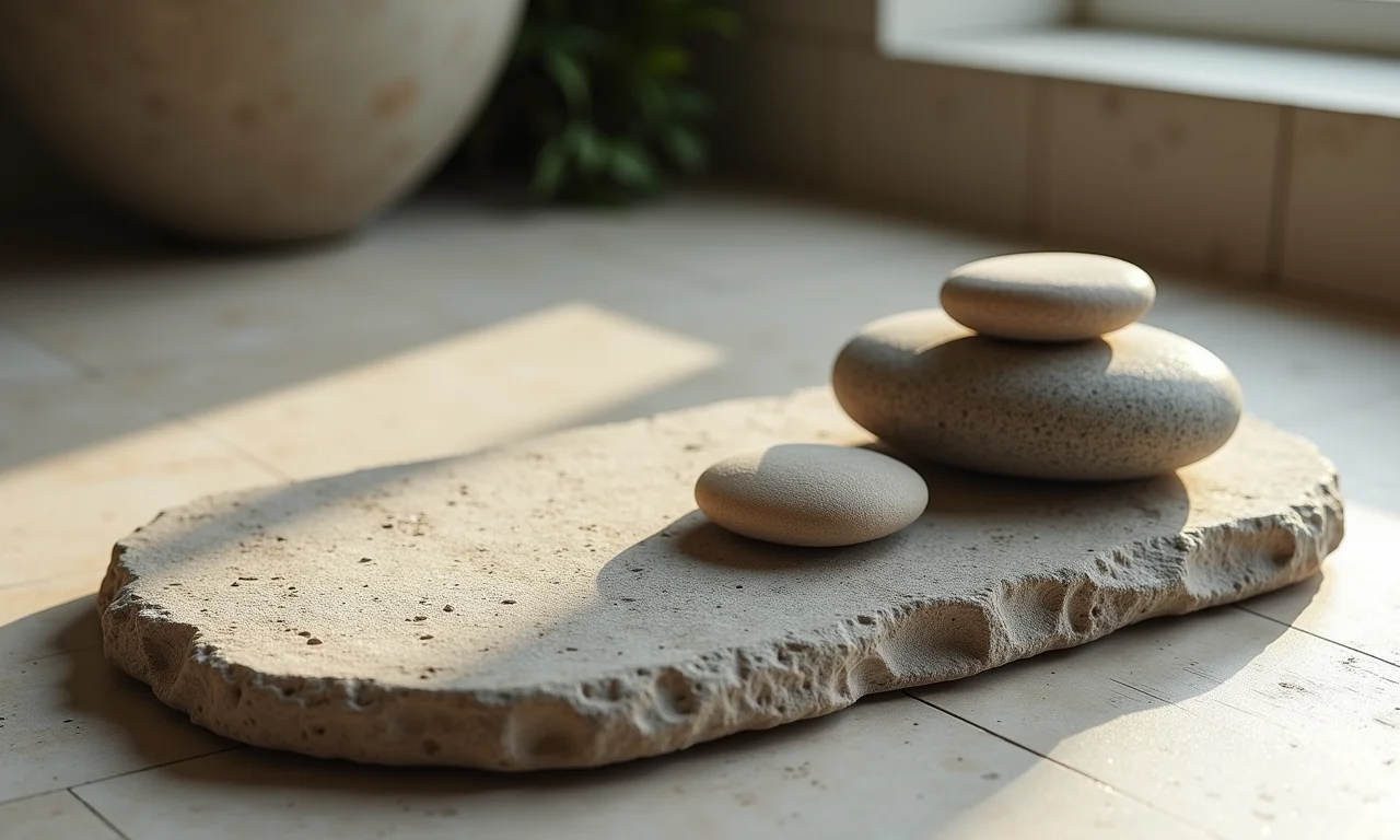 Tapete com pedras lisas e ásperas em banheiro natural.