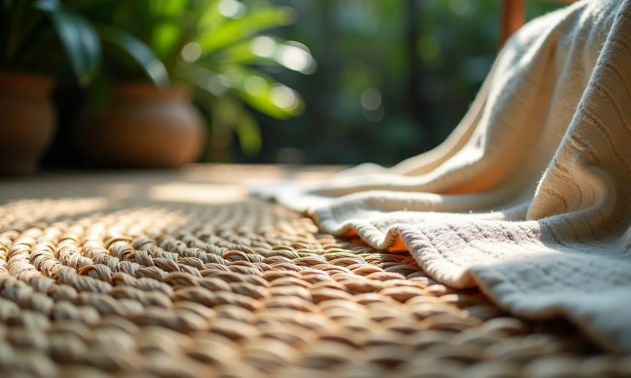 Tapete de juta texturizado e manta de algodão trançado.