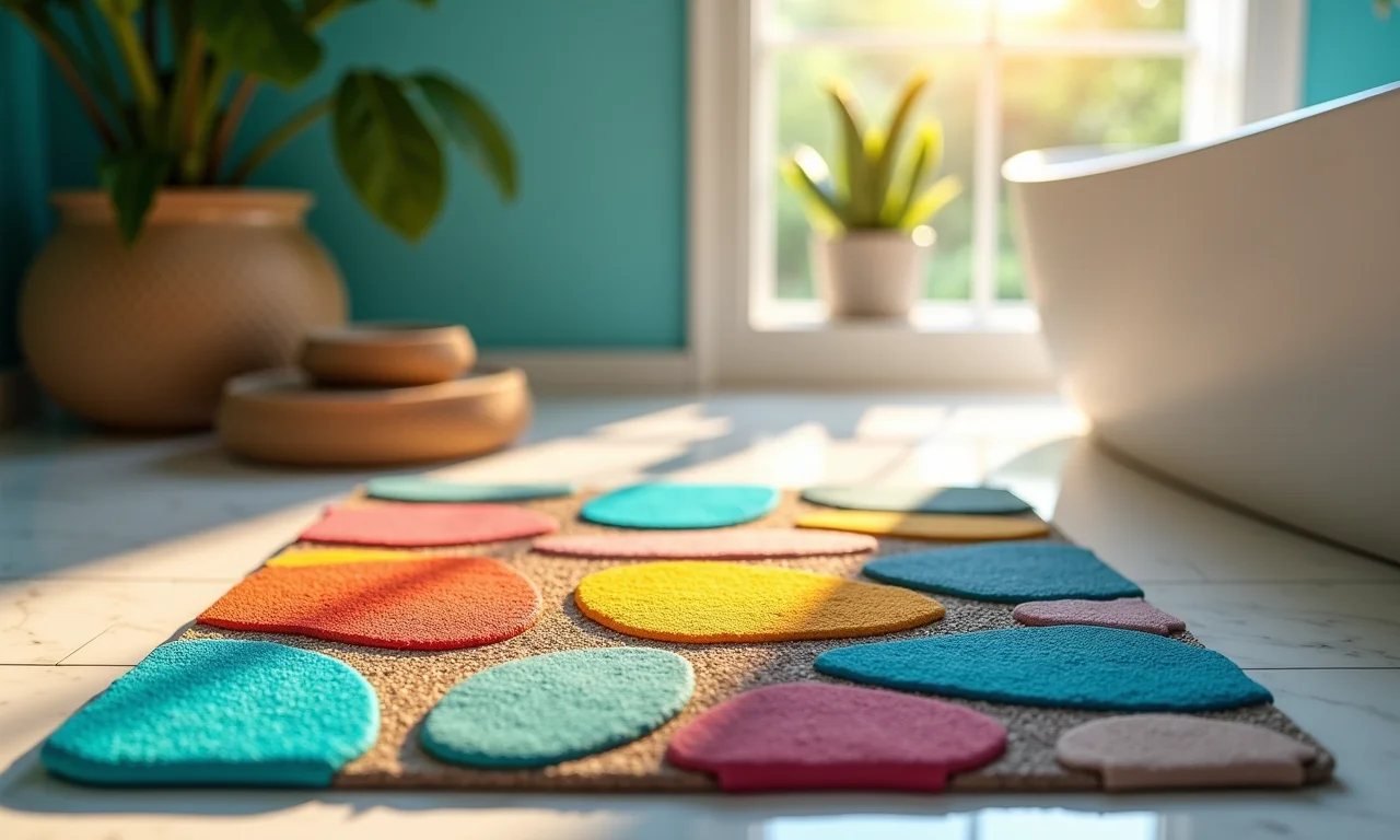 Tapete de pedras coloridas para banheiro alegre.