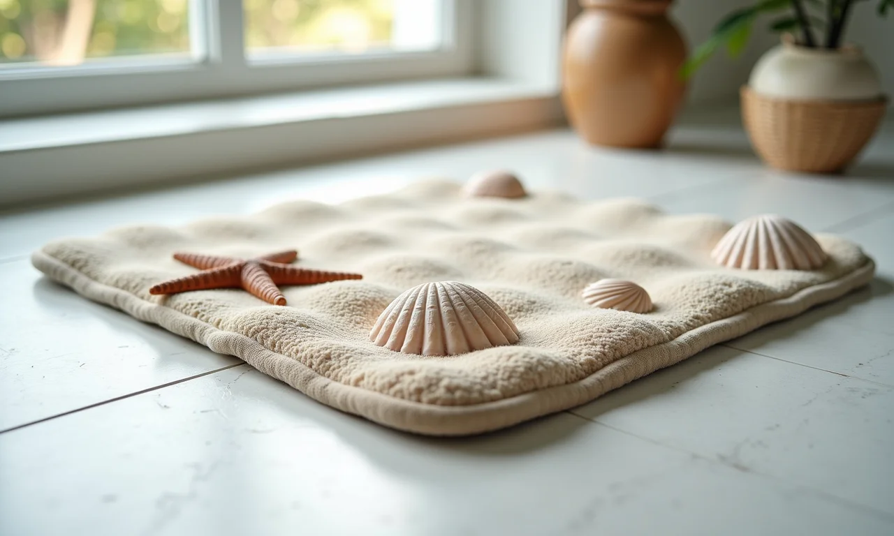 Tapete de pedras com conchas em banheiro costeiro.