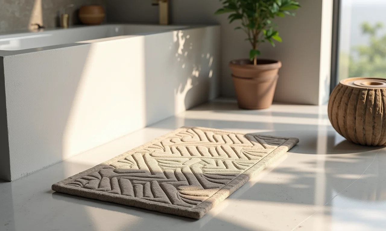 Tapete de pedras com design geométrico em banheiro moderno.