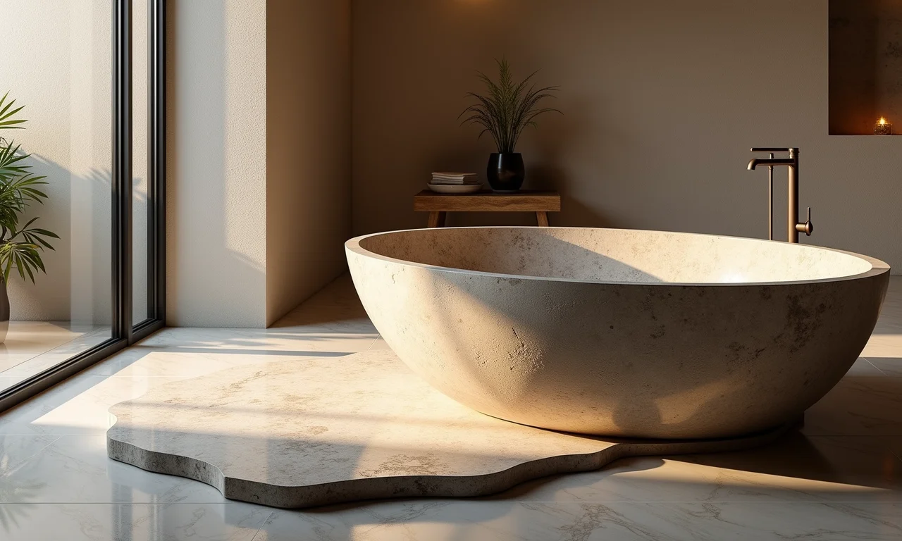 Tapete de pedras com formato irregular em banheiro artístico.