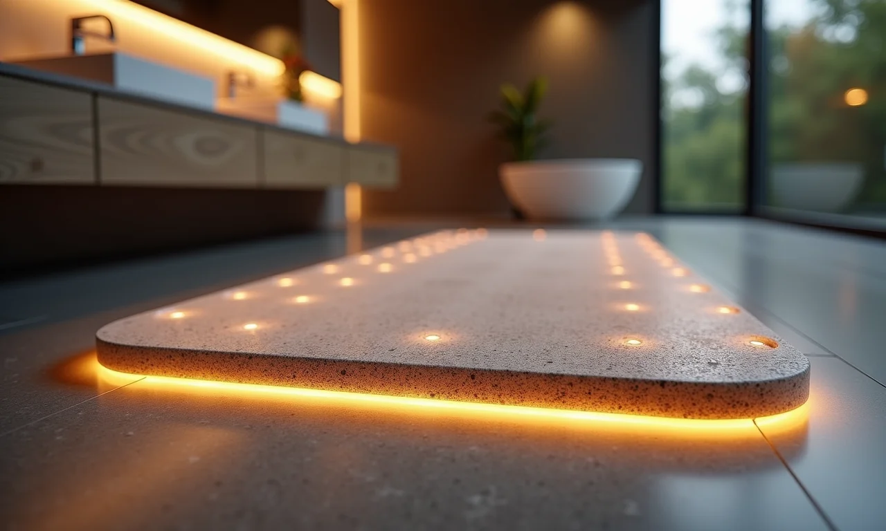 Tapete de pedras com iluminação embutida em banheiro moderno.