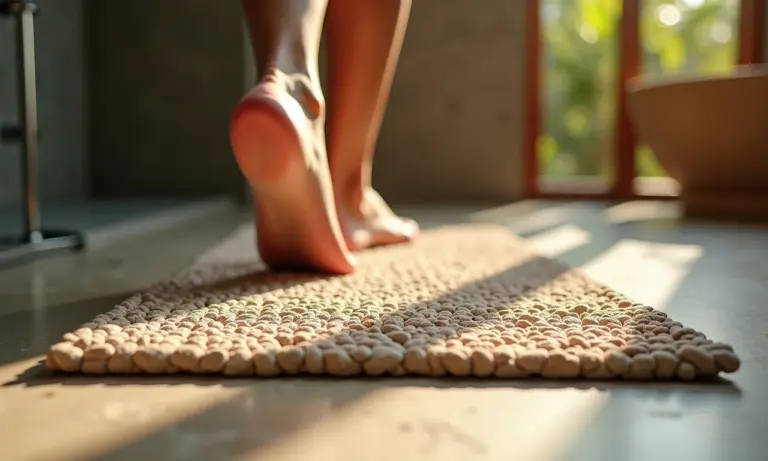 Tapete de pedras massageador fora do box com pés pisando.