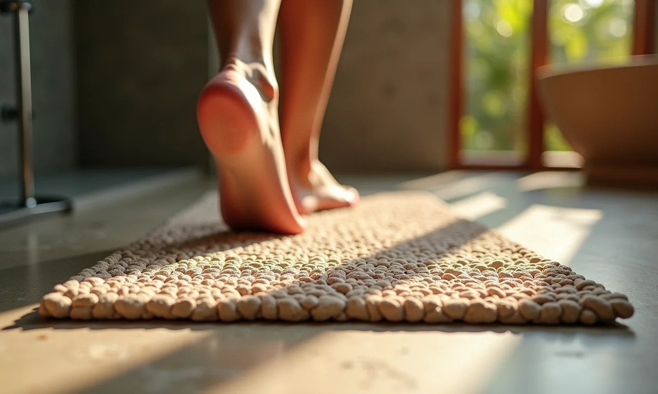 Tapete de pedras massageador fora do box com pés pisando.