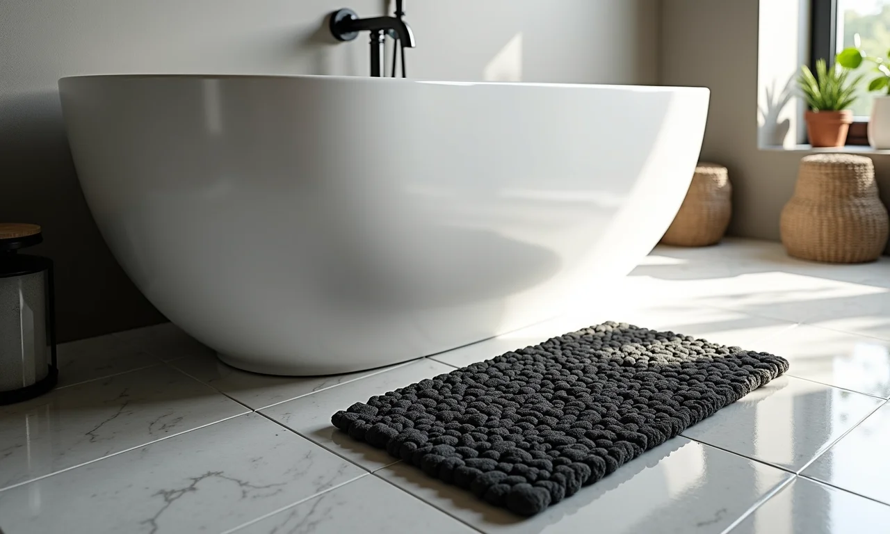 Tapete de pedras pretas e brancas em banheiro minimalista.