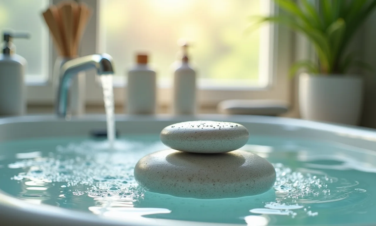 Tapete de pedras sendo limpo com água.