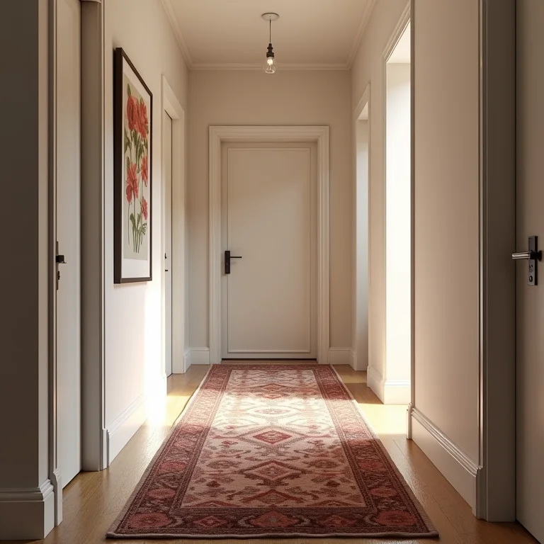 Tapete inadequado em um corredor causando risco de tropeços.