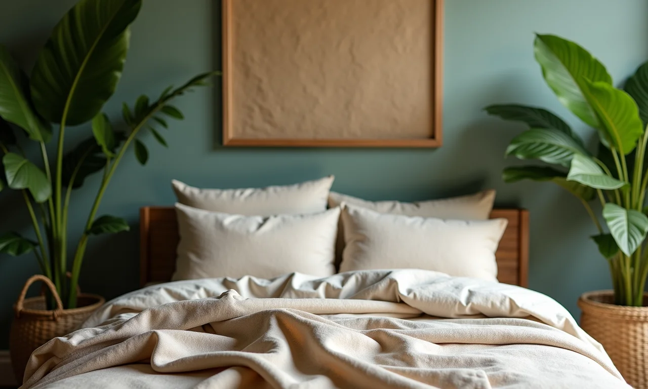 Tecidos naturais como linho e algodão em quarto com tema de selva.