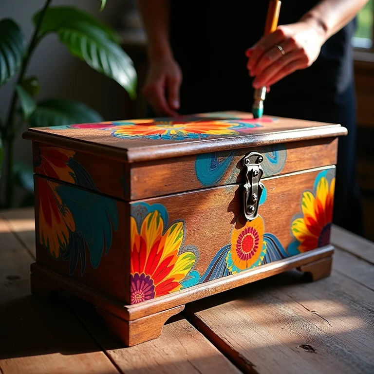 Técnicas de pintura criativas aplicadas em um baú de madeira