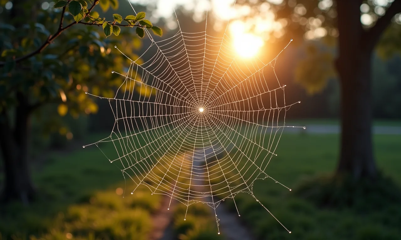 Teia de aranha realista com orvalho, atmosfera de Halloween.