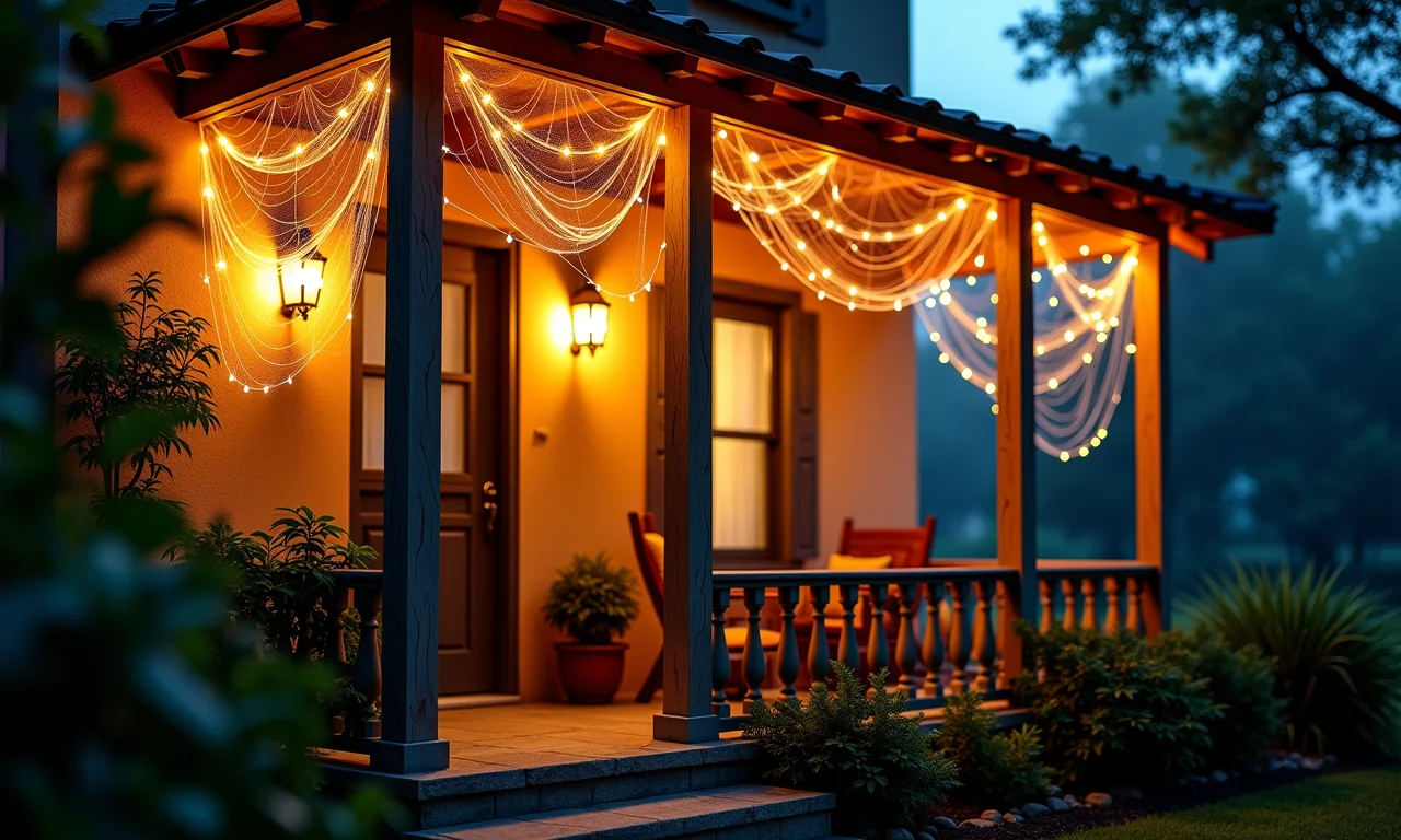 Teias de aranha com luzes criando uma iluminação misteriosa para o Halloween.