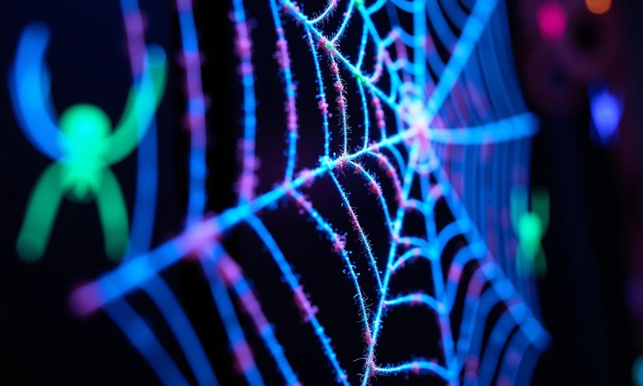Teias de aranha com tinta fluorescente brilhando no escuro.