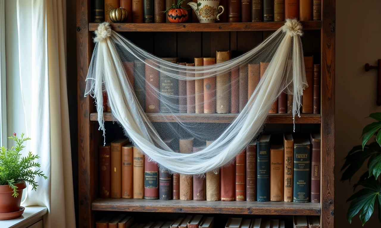 Teias de aranha de algodão decorando uma estante vintage para o Halloween.