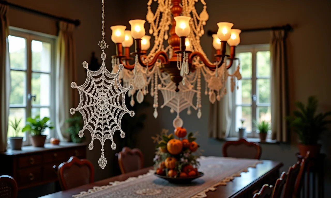 Teias de aranha de linha de crochê delicadas penduradas em um lustre vintage.