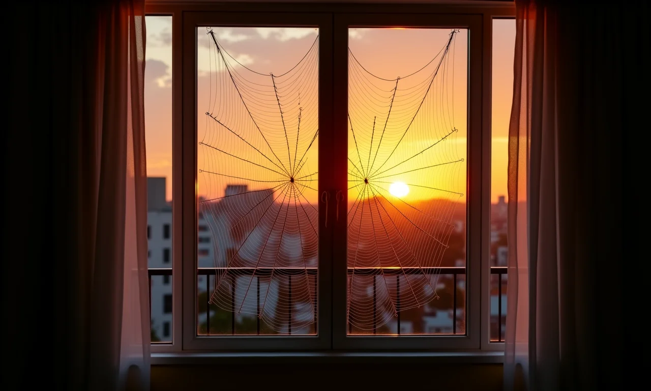 Teias de aranha de TNT, resistentes e duráveis, em uma janela de apartamento.