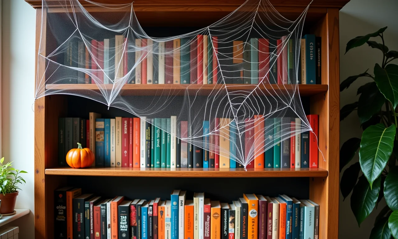 Teias de aranha feitas com cola quente decorando uma estante de livros.