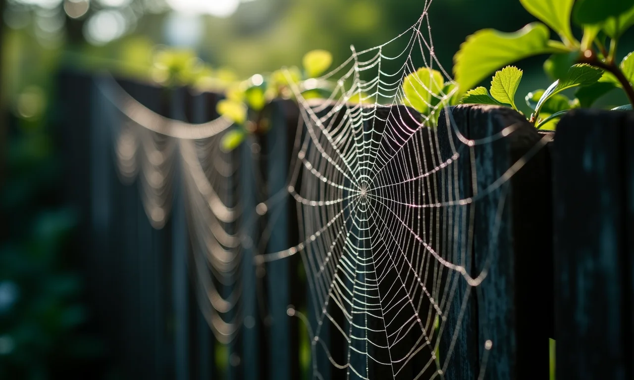 Teias de aranha naturais em uma cerca de jardim para um toque autêntico.