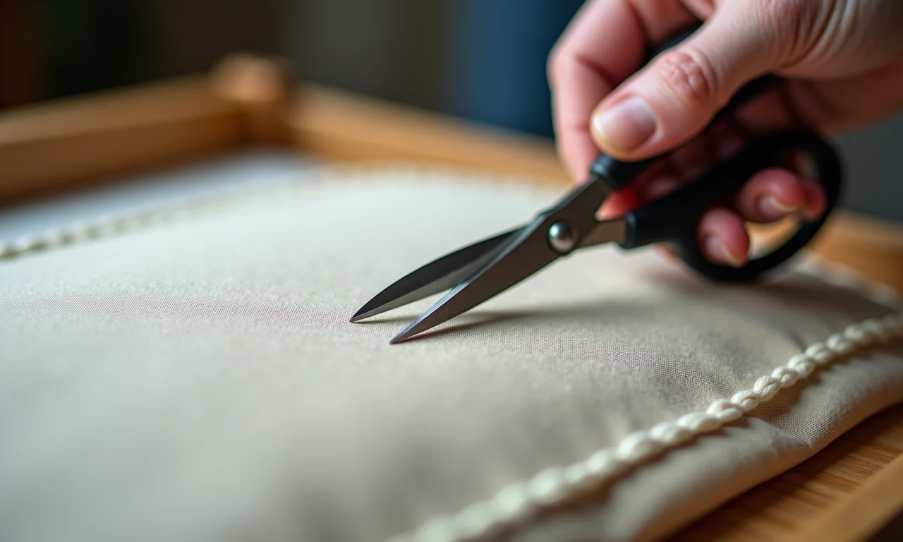 Tesoura de arremate removendo fios soltos de futon.